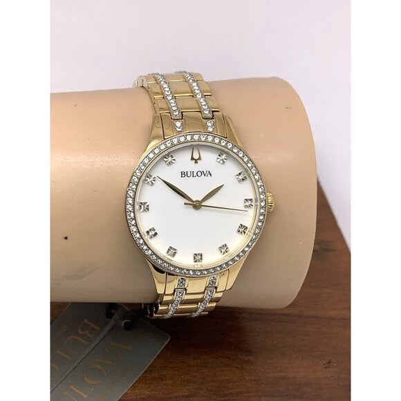 Bulova Women's Watch 98X119 Quartz Crystal Accent Mother of Pearl Dial Gold 32mm - Picture 10 of 13